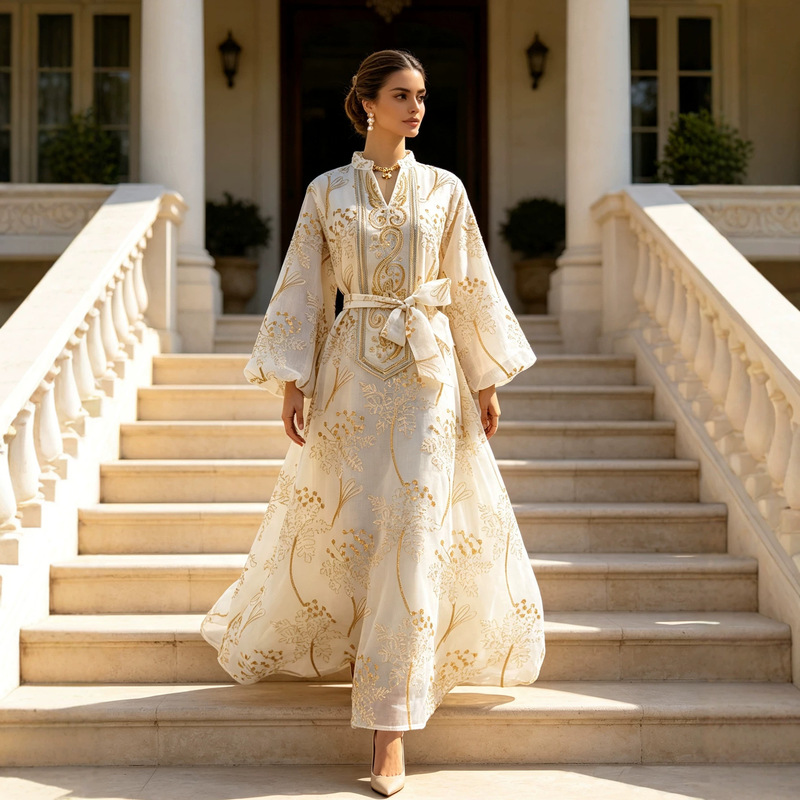 In-stock cross-border women's clothing: elaborate gold-embroidered robe with stand-up collar, lantern sleeves, and tie-waist long gown In-stock cross-border women's clothing: elaborate gold-embroidered robe with stand-up collar, lantern sleeves, and tie-waist long gown