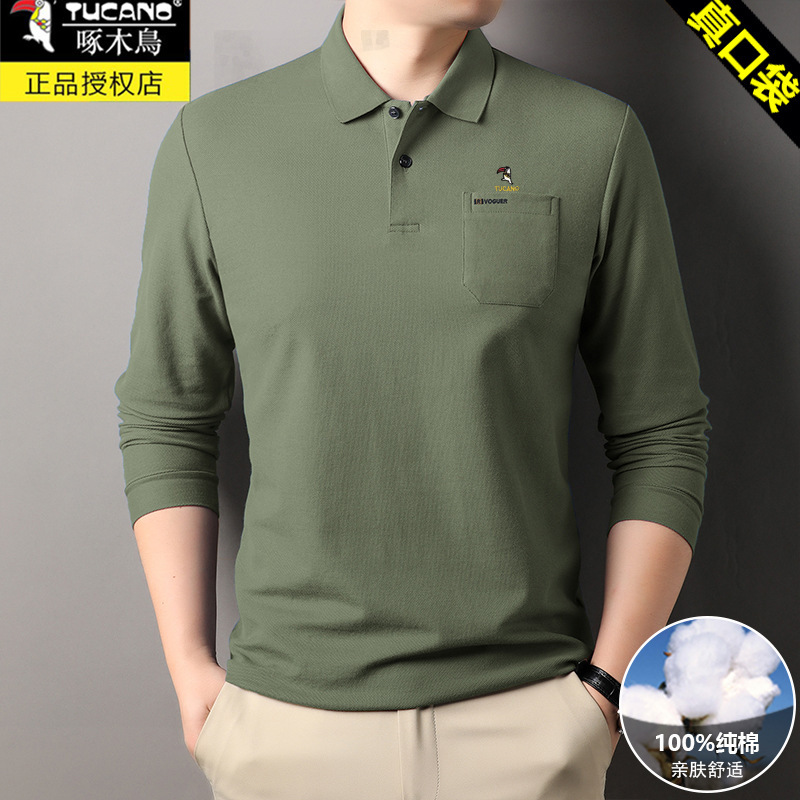 啄木鸟长袖t恤男春秋翻领真口袋棉料中年爸爸POLO衫上衣打底正好|undefined
