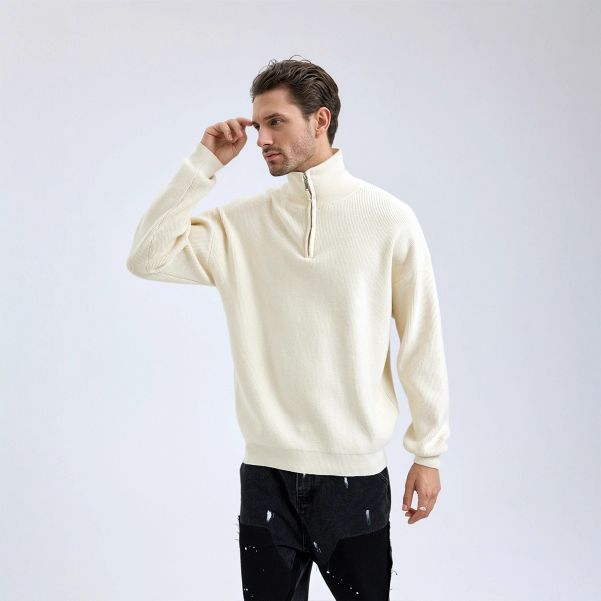 Suéter de hombre transfronterizo otoño y invierno nuevo estilo americano perezoso viento medio cremallera suelta plummet de color sólido suéter de hombre