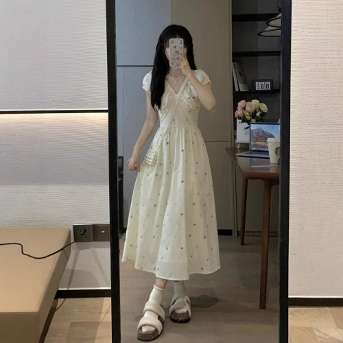 French-style design, sweet floral print, slimming summer milk white cute temperament waist-cinching ballet dress
