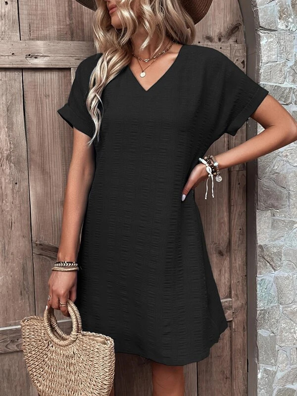 210g Weight Knee-Length Dress Length Type Short Sleeve Sleeve Length Regular Dress Dresses Type Regular Sleeve Sleeve Type Spandex, Polyester Fabric Type Mid Waist Waist Line Daily Occasion V Neck Neckline Regular Fit Fit Type Solid Color Pattern Summer, Spring Season Women's Gender Casual, Elegant Style Wholesale Women's Casual Elegant Solid Color Daily V Neck Short Sleeve Regular Dress 12