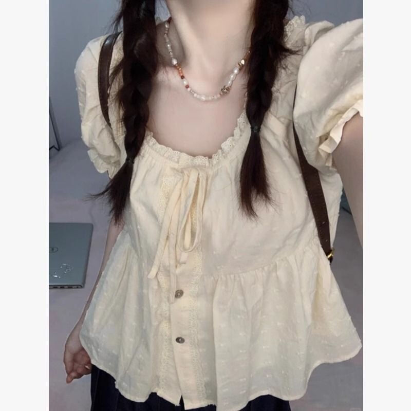 Stylish Plus-Size French-Style Sweet Lace-Trimmed Doll Shirt Short-Sleeve Blouse for Women, Summer Slim-Fit Top, Jk Shirt
