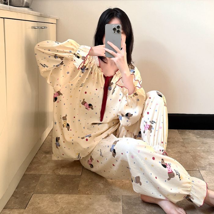 Al por mayor transfronterizo de otoño nubes de algodón cuello redondo mangas largas pantalones pijamas de mujer trajes creativos princesas estilo coreano ropa para el hogar
