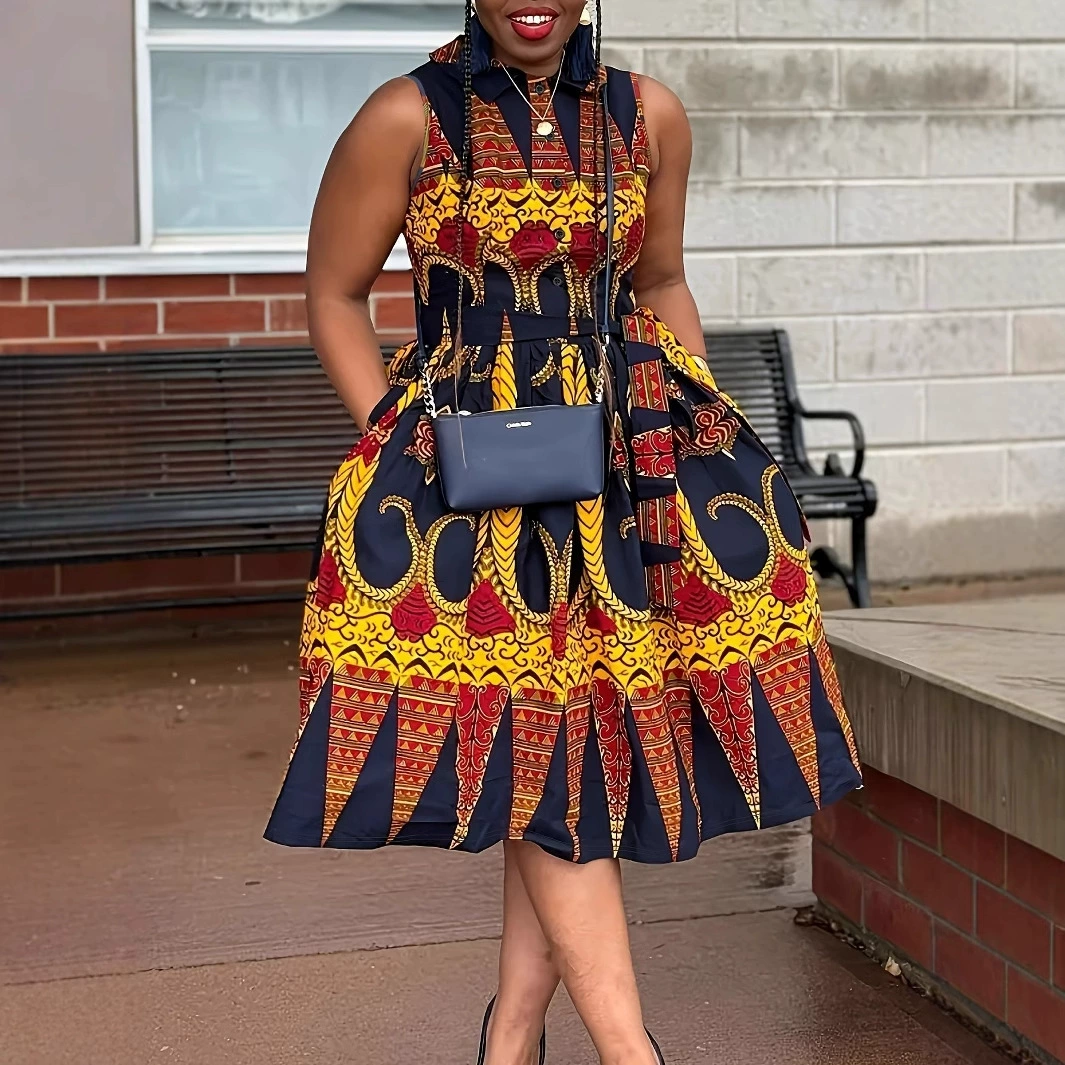 Платье Palencia Clothing, летнее, без рукавов, средней длины, с отложным воротником, этническим принтом, на завязках, больших размеров, для женщин, для трансграничной торговли