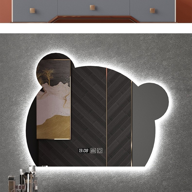Exportaciones transfronterizas irregulares espejo inteligente LED ligero de lujo de dibujos animados heterosexuales cara de oso espejo de baño pegado en la pared espejo de maquillaje colgado en la pared