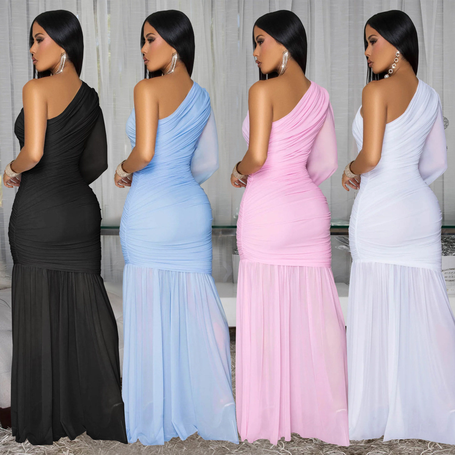 C7500 Aliexpress transfronterizo Amazon Europa y América moda de mujer sexy malla de hombro inclinado vestido de alta calidad nuevo