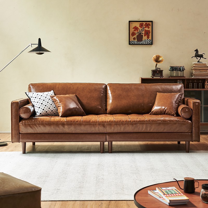 Genuine Leather Sofa, First-Layer Cowhide, Small Living Room, Distressed Retro Oil Wax Leather, Medieval Nanyang Style Straight Small Sofa