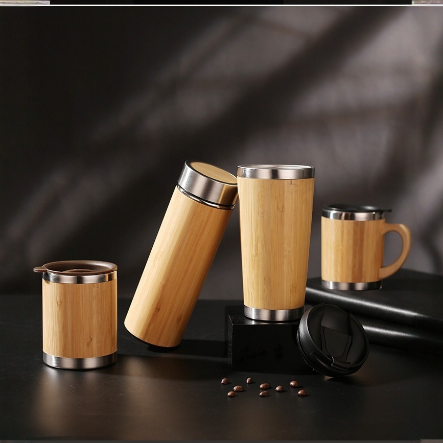 Transfronterizo nuevo taza de oficina de bambú con mango de alta capacidad de doble vacío 304 taza de aislamiento de acero inoxidable al por mayor