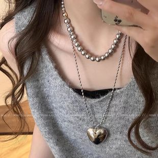 Original Design Double-Layer Stacked Stereo Peach Heart Necklace High-End Gray Pearl Clavicle Chain Ouni Same Style Heart Pendant