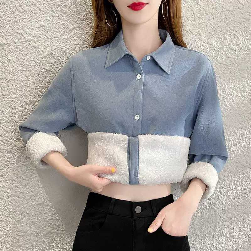 Вельветовая плюшевая рубашка Женская длинная рукава 2024 осень и зима новая художественная повседневная утолщая теплая нижняя рубашка