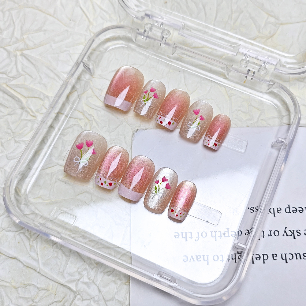 10 piezas de uñas de amor simple de código dividido, ojo de gato, tulipán, pegatina de uñas, arco, armadura corta rosa