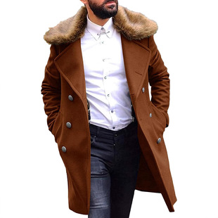 Mid-length wool trench coat with fur collar