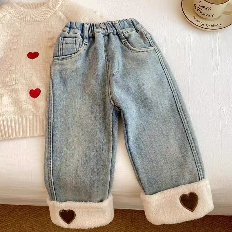 女童裤子冬季新款圣诞牛仔裤新中式安可拉红女宝加厚长裤外出休闲|undefined