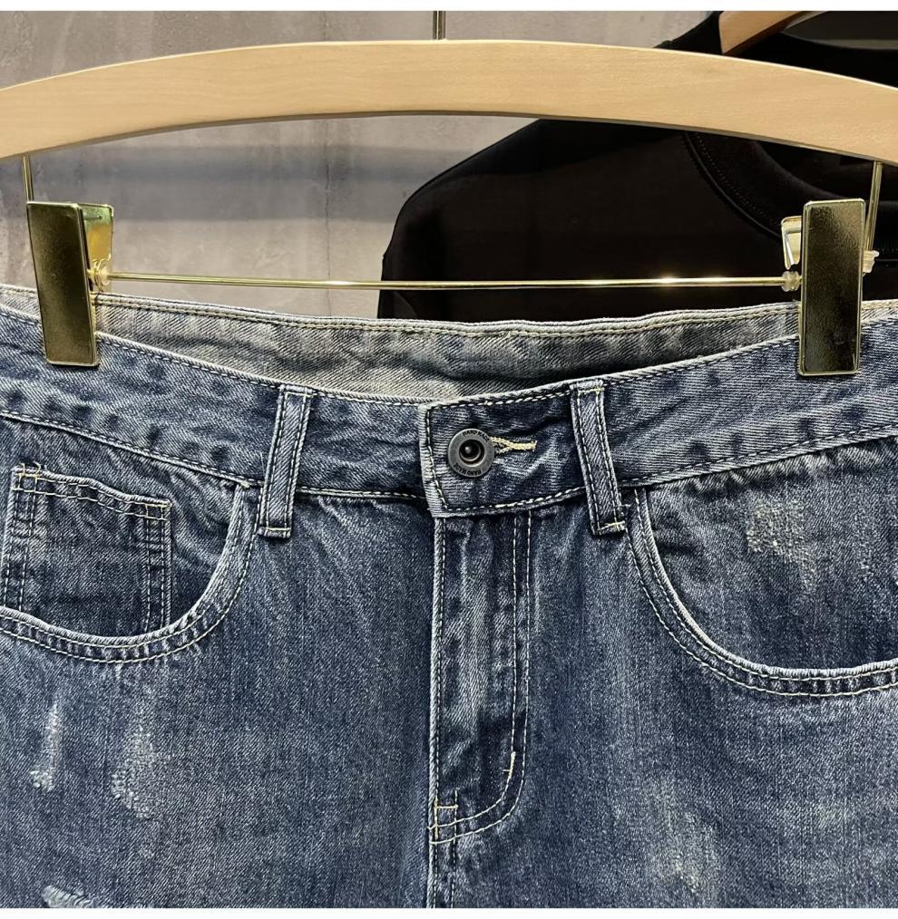 Men's Ripped Denim Shorts Casual Loose Fit Washed Perforated Straight Leg Mid Waist Trendy Summer Style Cotton Five Point Pants_mkmklike.com