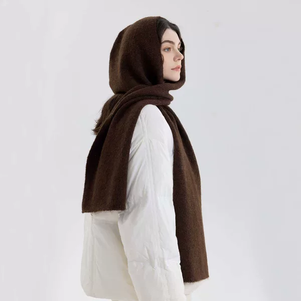 Cross-Border New Solid Color Hooded Scarf, Neck Warmer, Knitted Hat for Women, Autumn and Winter All-In-One Warm Shawl, Fashionable Outerwear