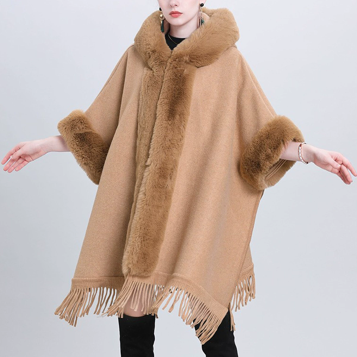 Новый кардиган из искусственного меха кролика рекс с воротником и капюшоном, шаль-накидка, Женское шерстяное пальто, большие размеры, ветрозащитный утолщенный теплый