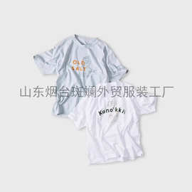 原工厂直供外贸服装45R后口袋字母叠卡通印花T男女同款情侣口袋恤