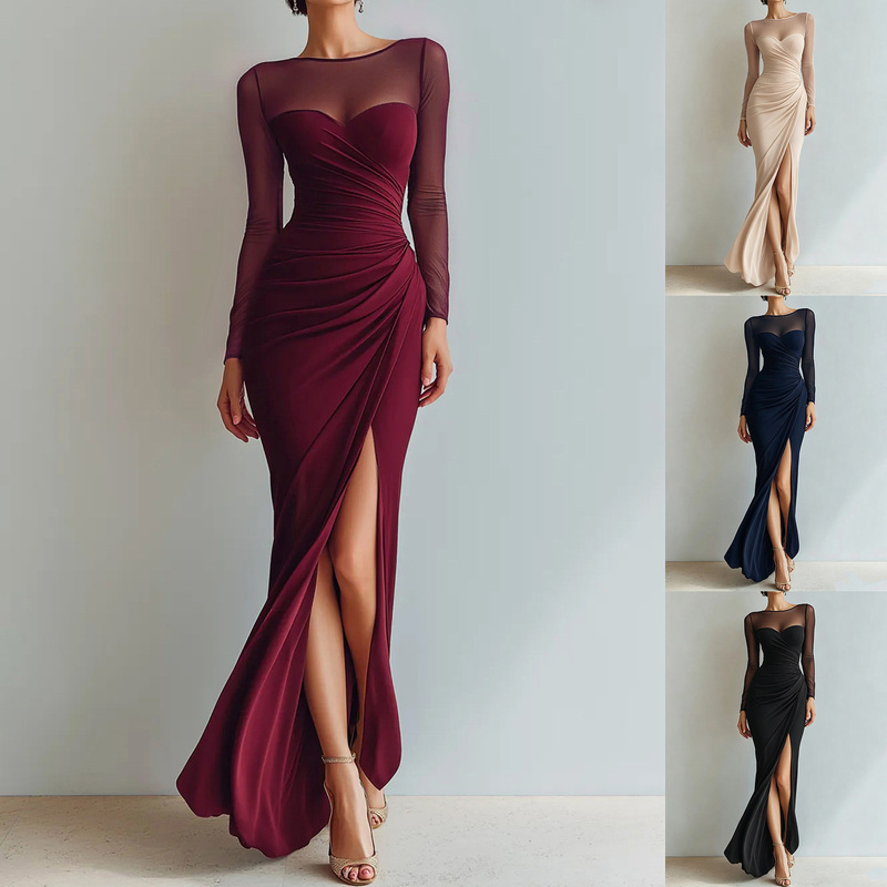 2026 Independent Website Cross-Border Bestseller: Pleated Waist-Cinching High-Slit Bodycon Mesh Long-Sleeve Evening Gown Dress 2026 Independent Website Cross-Border Bestseller: Pleated Waist-Cinching High-Slit Bodycon Mesh Long-Sleeve Evening Gown Dress
