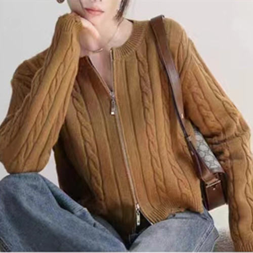 Fall/Winter Lazy, Casual, and Elegant Round-Neck Short Cable-Knit Cardigan with Dual Zippers – Women's Top