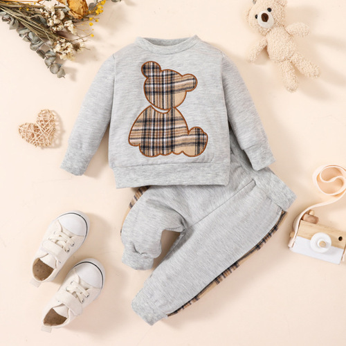 Cross-border INS Infant Boys' Summer Plaid Bear Patchwork Embroidered Long-sleeved Top and Long Pants Fashionable Suit