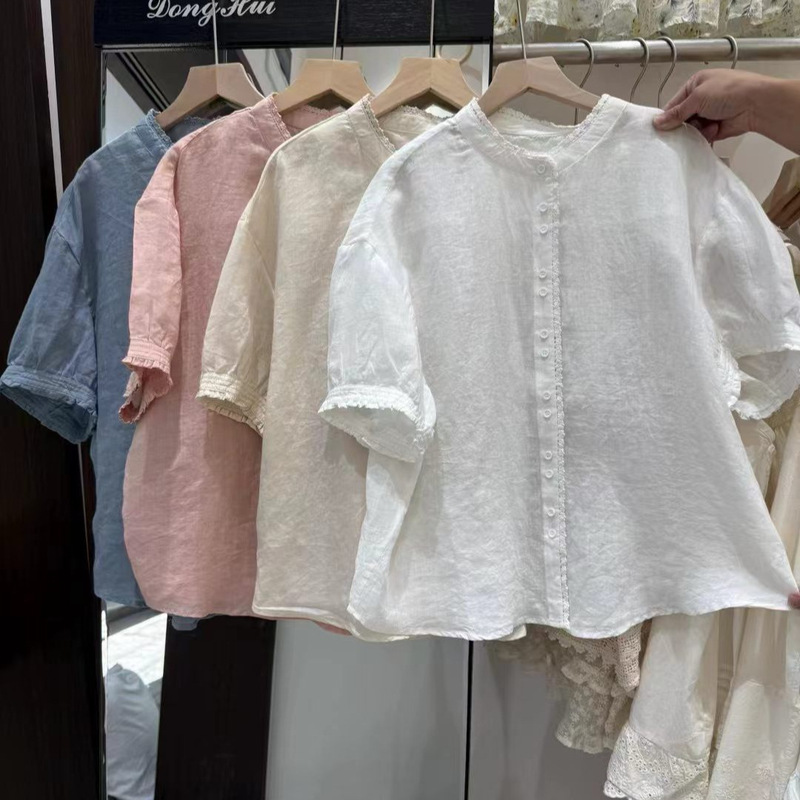 Japanese-Style Fresh Short-Sleeve Shirt for Women, Linen Material, Unique Design, Lace Round Neck Blouse, Summer Shirt