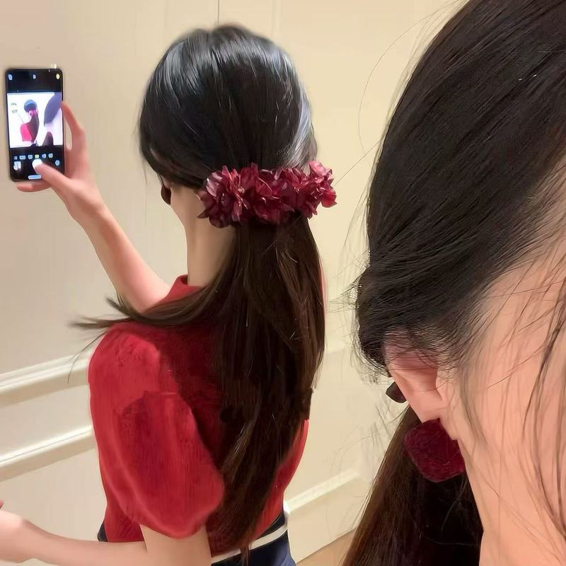 灼灼其华~气质红色花朵香蕉夹发夹女新娘发饰头花盘发马尾抓夹|undefined