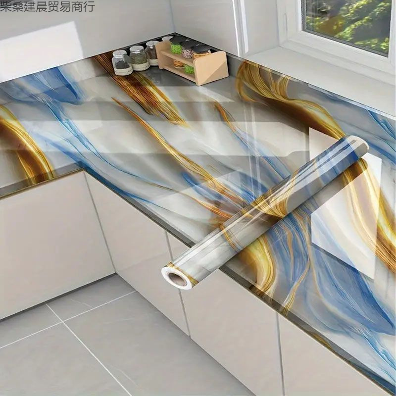 加厚鎏金大理石纹厨房防水防油贴纸自粘墙面防火耐高温灶台不留胶