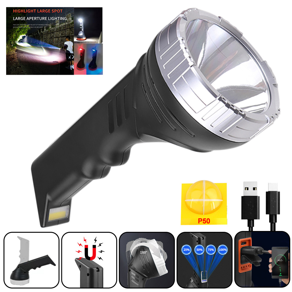 thumbnail image 1 of Linterna impermeable, linterna XHP50 tipo C, linterna recargable, linterna para exteriores, muy recomendada（Plateado）, 1 of 5