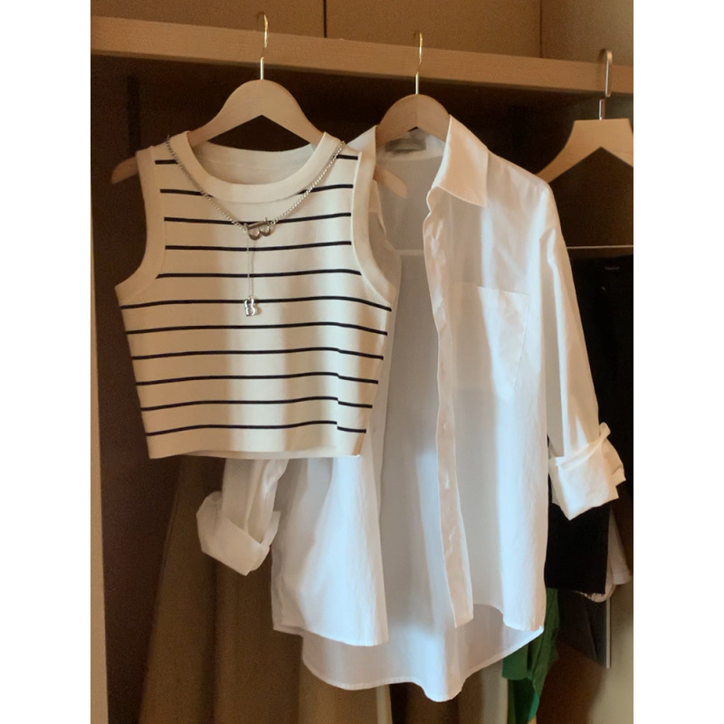 Striped tank top, camisole, women's spring and autumn inner layer, summer versatile, backless short-sleeved knit T-shirt