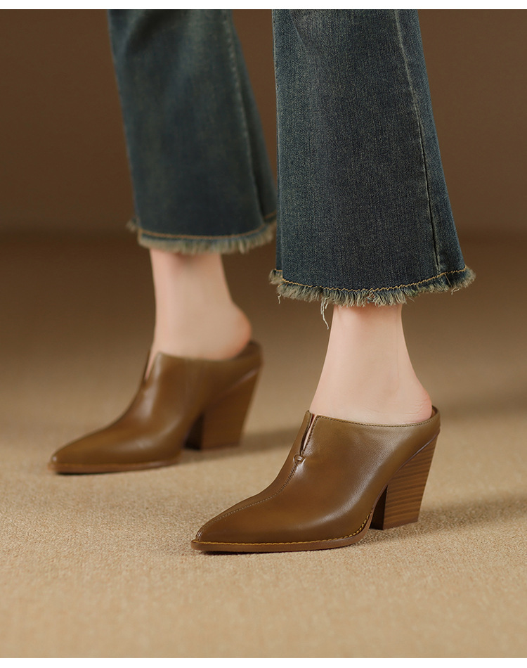 Giày mule nữ da bò mũi nhọn gót cao 7 cm phong cách Âu Mỹ — đen chi tiết 5