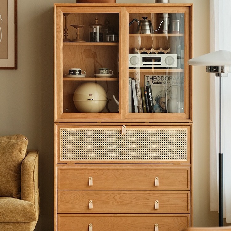 Japanese-Style Solid Wood Combination Bookcase Cherry Wood Storage Cabinet Sliding Door Sideboard Modern Minimalist Storage Cabinet Natural Wood Japanese-Style Solid Wood Combination Bookcase Cherry Wood Storage Cabinet Sliding Door Sideboard Modern Minimalist Storage Cabinet Natural Wood