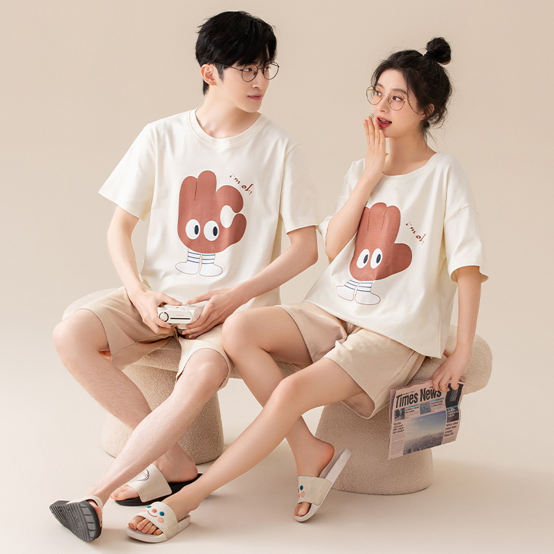 [Antibacteriano] Pijamas de pareja de verano de algodón puro para hombres y mujeres de manga corta de dibujos animados lindo casual se puede usar fuera del traje de servicio a domicilio