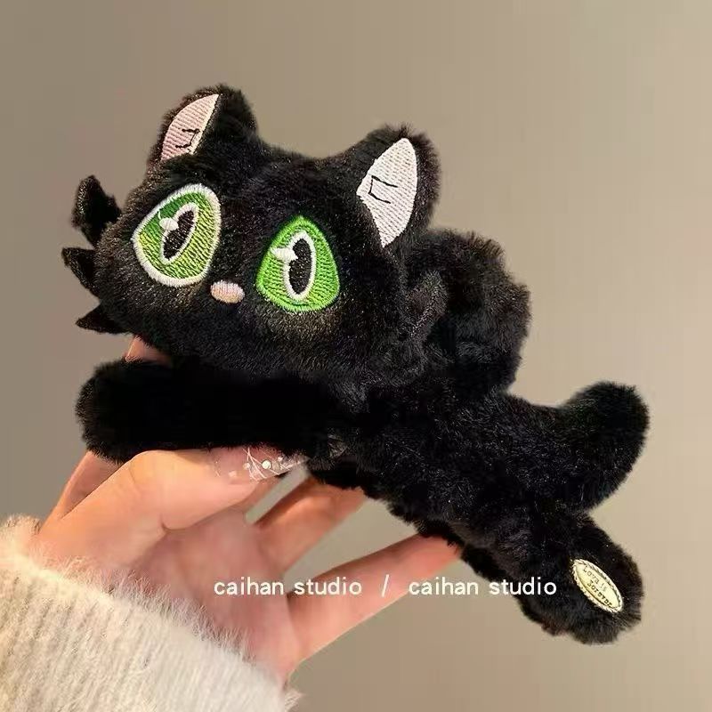 可爱卡通猫咪毛绒抓夹女大号秋冬气质后脑勺发夹盘发头饰鲨鱼夹子|undefined