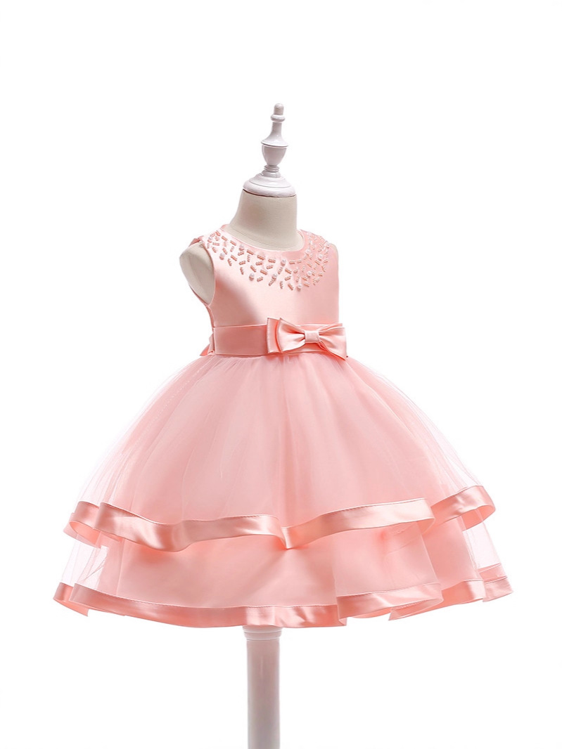 Children's Dress Princess Dress Round Neck Beaded Cake Tutu Skirt Ribbon Flower Girl Wedding Dress Birthday Party Evening Dress