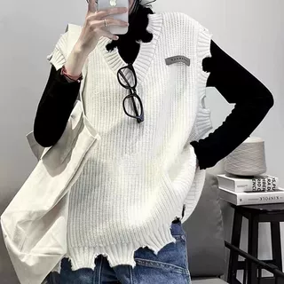跨境慵懒破边针织马甲 v领女装春秋款韩版宽松潮流休闲无袖背心