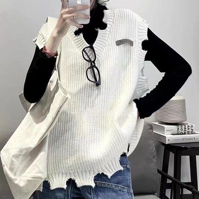 Cross border Lazy Broken edge knitting Vest V. Women's wear Spring and autumn payment Korean Edition Easy Trend leisure time Sleeveless vest