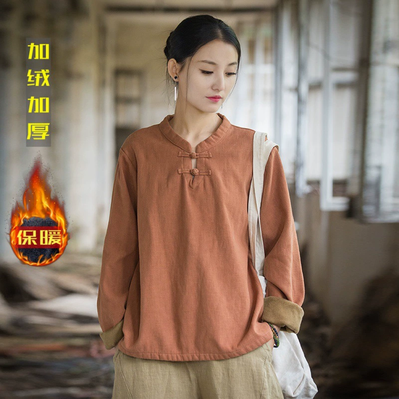 Новая женская базовая рубашка из хлопка и льна на осень/зиму, утепленная флисом из рами, с пуговицами, винтажный художественный женский топ-футболка