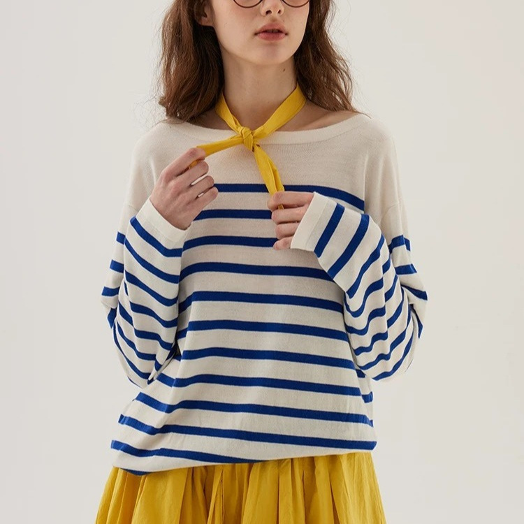 Sulenger Navy Blue Stripe Loose Boat Neck Tencel Wool Long Sleeve Sweater