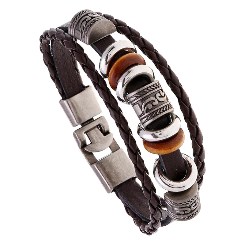 Joyería vendedora caliente transfronteriza simple pulsera de cuero multicapa hecha a mano con cuentas pulsera de hombres populares de moda europea y americana