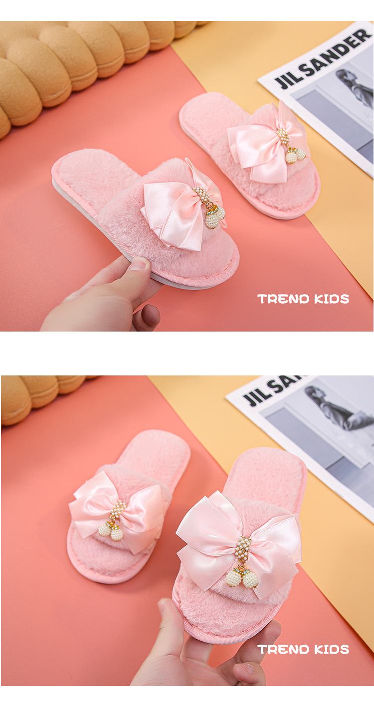 New Home Bowknot Plush Slippers Children Soft Bottom Indoor Warm Breathable Open Toe Flat-heeled Slippers Wholesale display picture 2