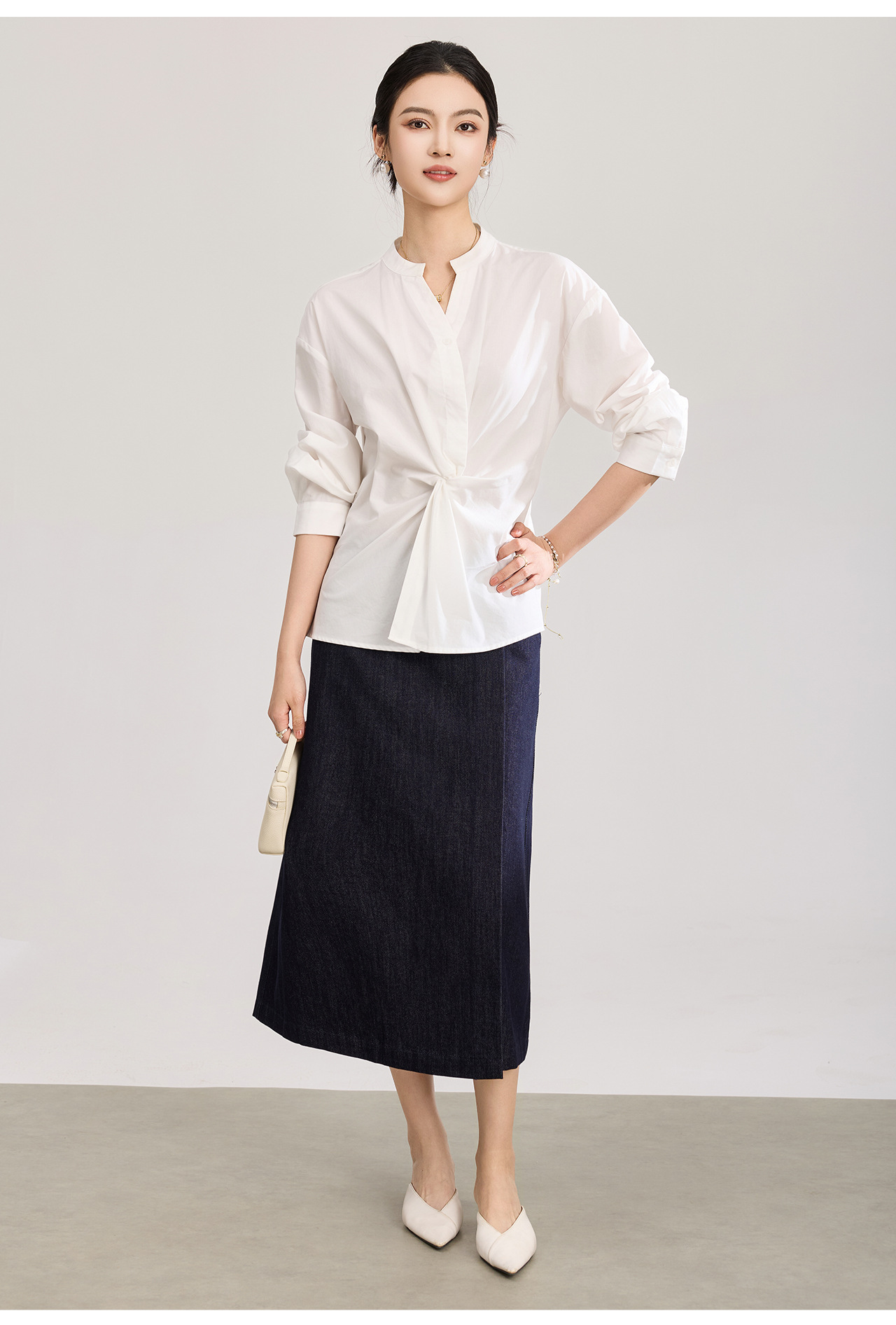 Áo sơ mi nữ dài tay chất lụa tencel phối xoắn thanh lịch — xanh lam chi tiết 21
