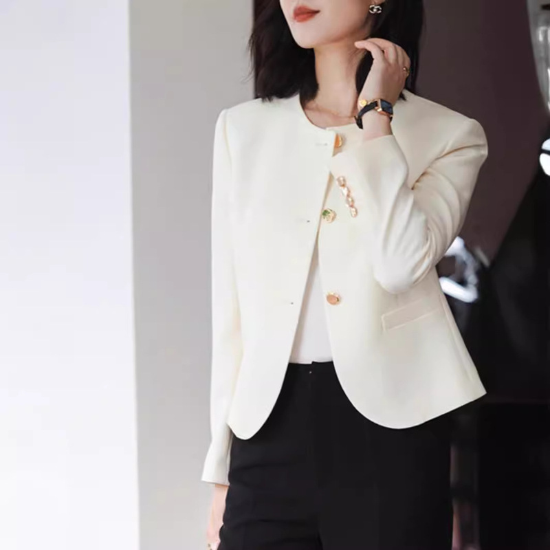 In Stock 2024 Spring New Acetate Round Neck Suit High-End Small Fragrance Jacket Women's Small Tops