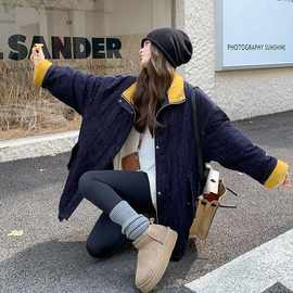 藏青撞色拼接牛仔内胆羽绒服2024冬新款复古宽松加厚白鸭绒外套
