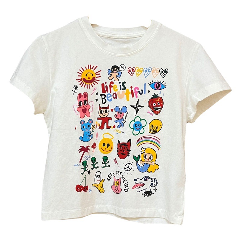 Corea Dongdaemun nuevo 2024 principios de la primavera lindo divertido estampado de dibujos animados camiseta delgada mujer
