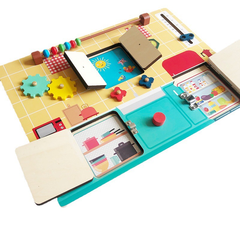 Ayudas de enseñanza Montessori educación temprana para niños juguetes educativos de desbloqueo busyboard Tema de cocina ocupado tablero multifuncional
