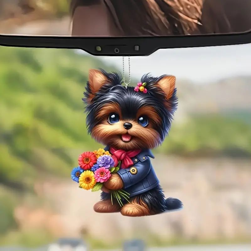 Nuevos productos creativos flores guapo perro fiestas colgante acrílico plano transfronterizo espejo retrovisor interior colgante image 1