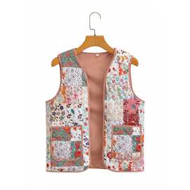 外贸2023欧美秋季新款休闲百搭V领无袖小碎花口袋夹棉马甲女1661
