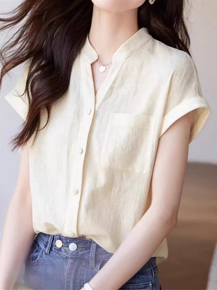 Áo sơ mi nữ liền vai chất liệu cotton linen phong cách Hàn Quốc — xanh lá cây