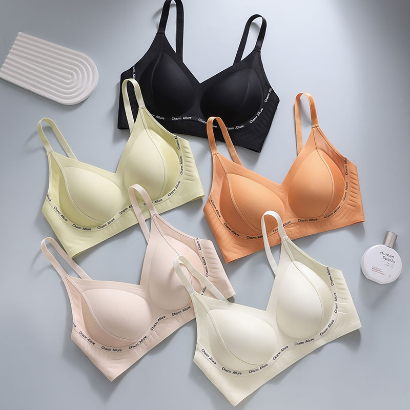 Seamless Letter Soft Support Bra for Small Bust, Push-Up Fixed Cup, Side Breast Collection Bra, Foreign Trade Cross-Border
