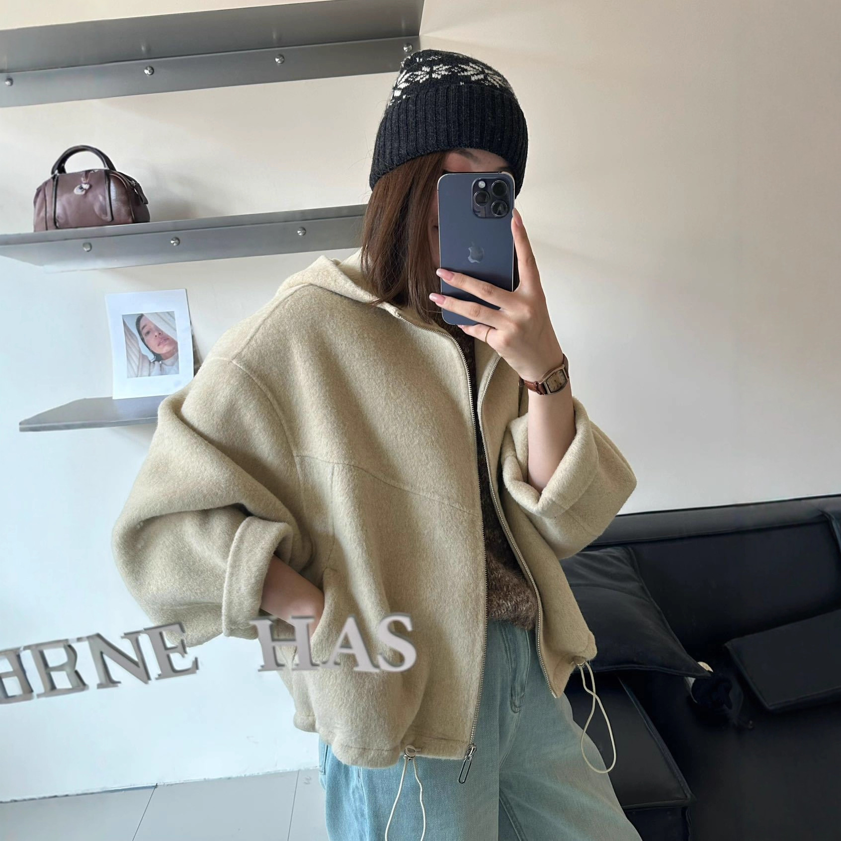 慵懒风宽松羊绒双面外套女拉链机车款式下摆抽绳双面羊毛加厚大衣